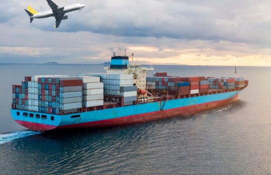 container ship in import export and business logistic. Logistics and transportation of International Container Cargo ship and cargo plane in the ocean at Sunset sky, Freight Transportation, Shipping
